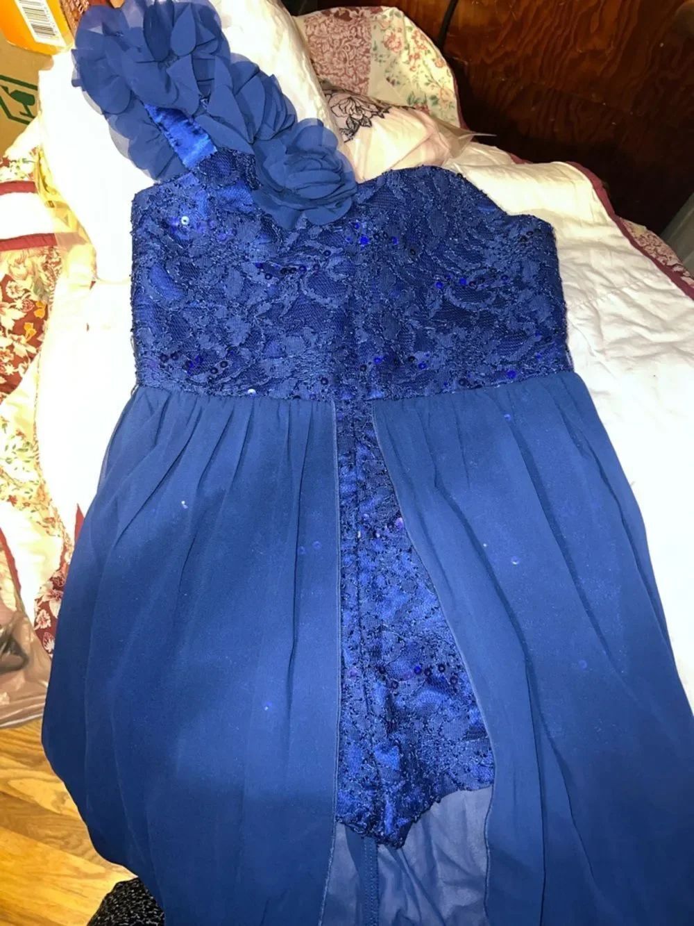Girls Royal Blue One-Shoulder Lace & Chiffon Short Romper Dress